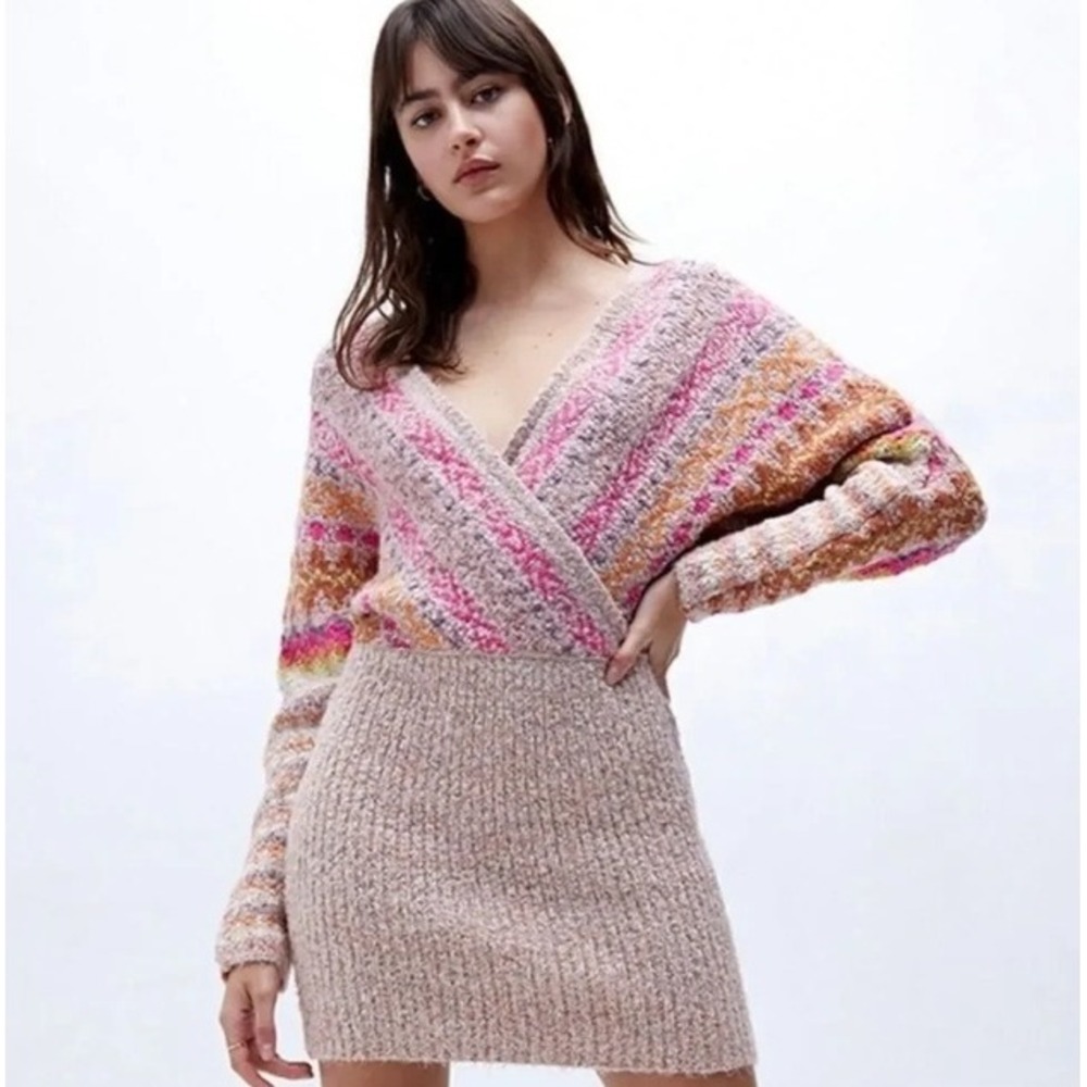 Free People Sweater Dress Womens S Pink Multi Fair Isle Wrap Boucle Tunic Artsy
